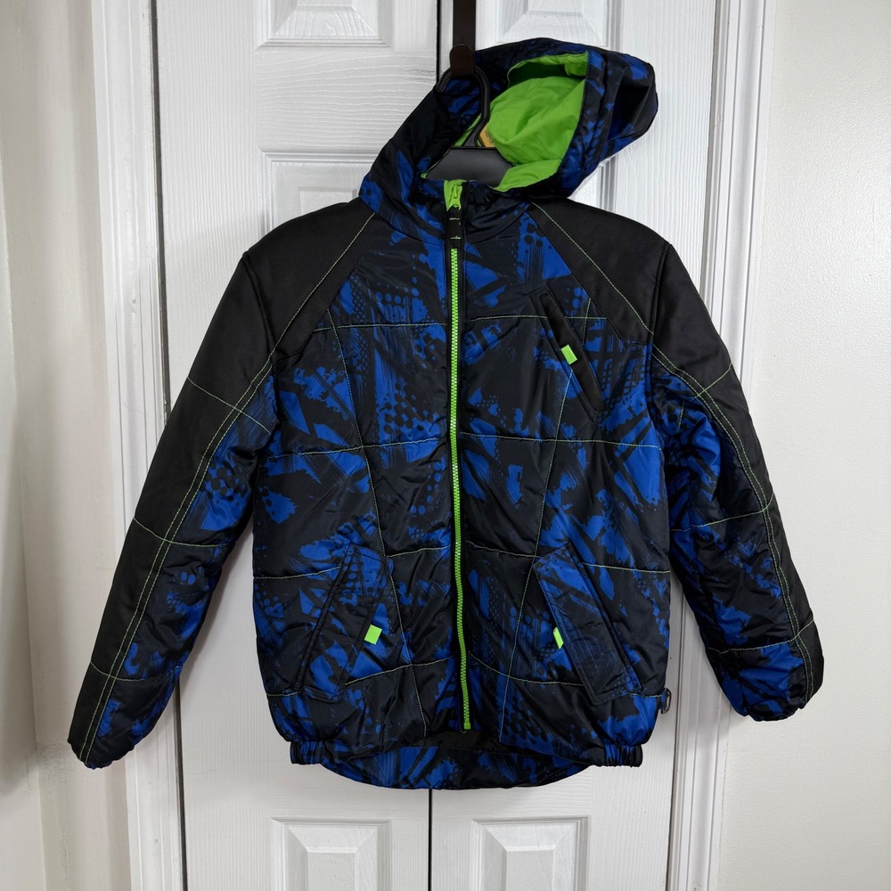 HK58 Hawke & Co Boys XL 14/16 Puffer Jacket Blue Black Neon Green Hooded Coat